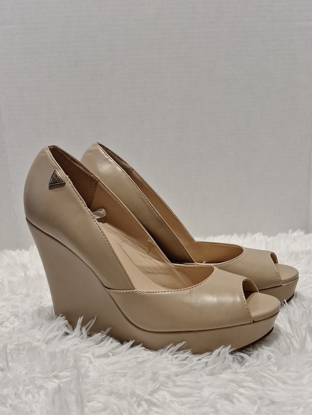 Guess Nude Peep-Toe Wedge Pumps